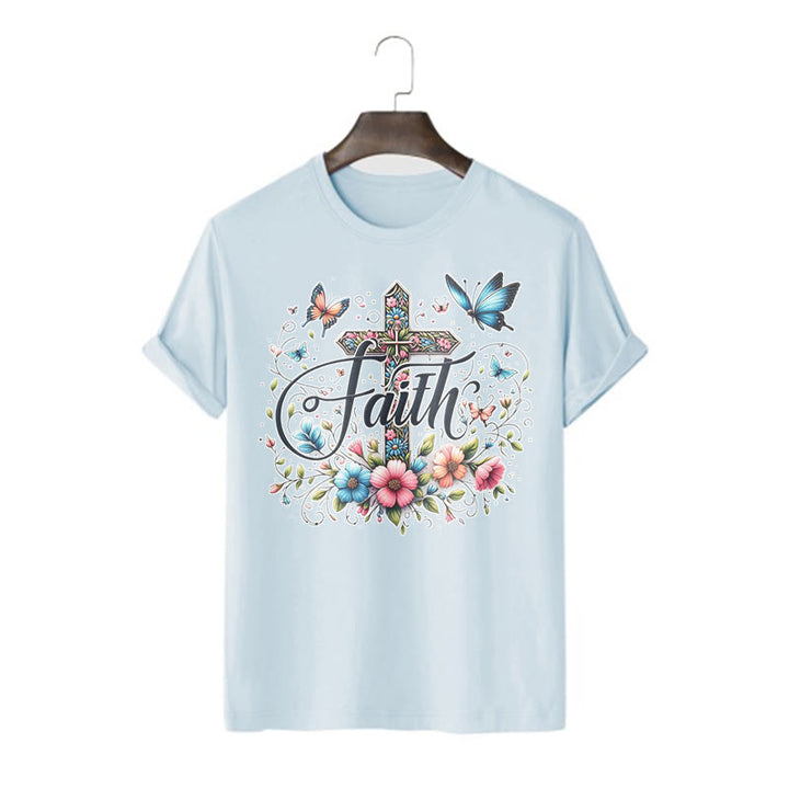 Christianartworkshop Bohemian Style Flowers and Cross Short Sleeve Washed T-shirt - Blue - 2XL - image 18
