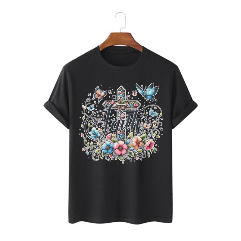 Christianartworkshop Bohemian Style Flowers and Cross Short Sleeve Washed T-shirt - Black - 2XL - image 6