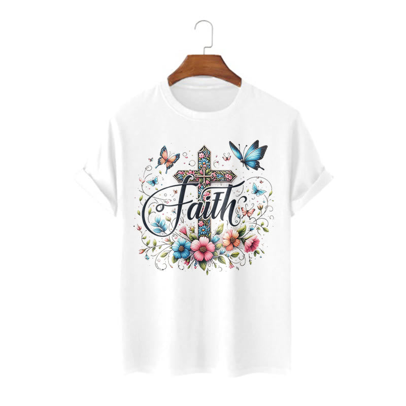 Christianartworkshop Bohemian Style Flowers and Cross Short Sleeve Washed T-shirt - White - 2XL - image 3