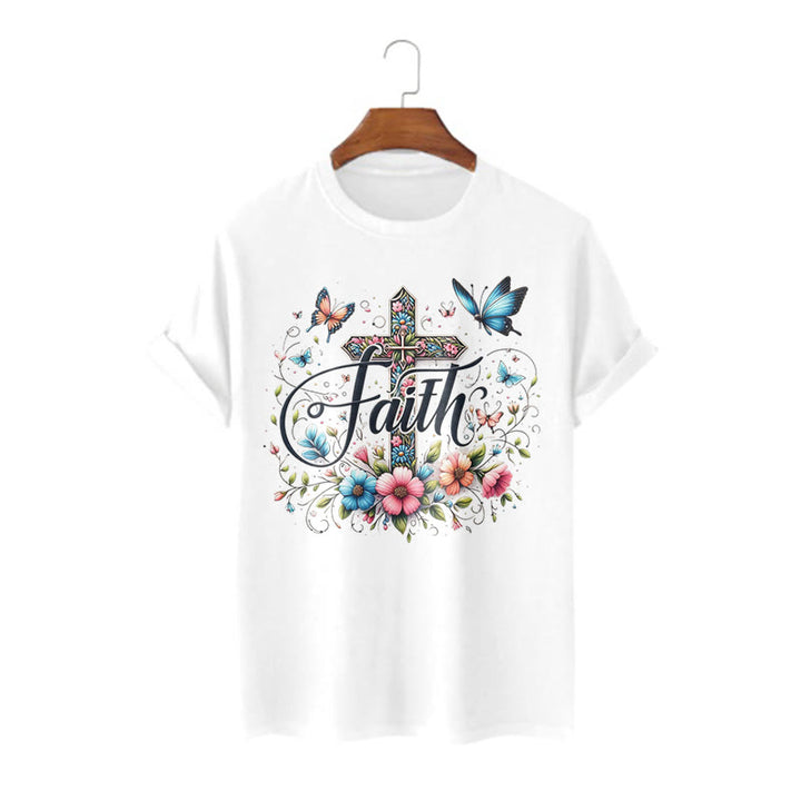 Christianartworkshop Bohemian Style Flowers and Cross Short Sleeve Washed T-shirt - White - 2XL - image 3