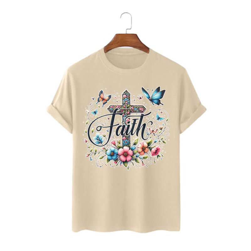 Christianartworkshop Bohemian Style Flowers and Cross Short Sleeve Washed T-shirt - Khaki - 2XL - image 10