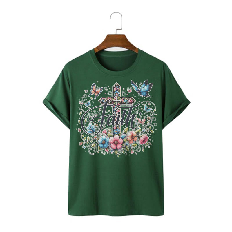 Christianartworkshop Bohemian Style Flowers and Cross Short Sleeve Washed T-shirt - Dark Green - 2XL - image 12