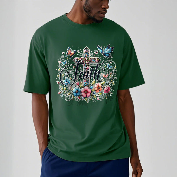 Christianartworkshop Bohemian Style Flowers and Cross Short Sleeve Washed T-shirt - image 13