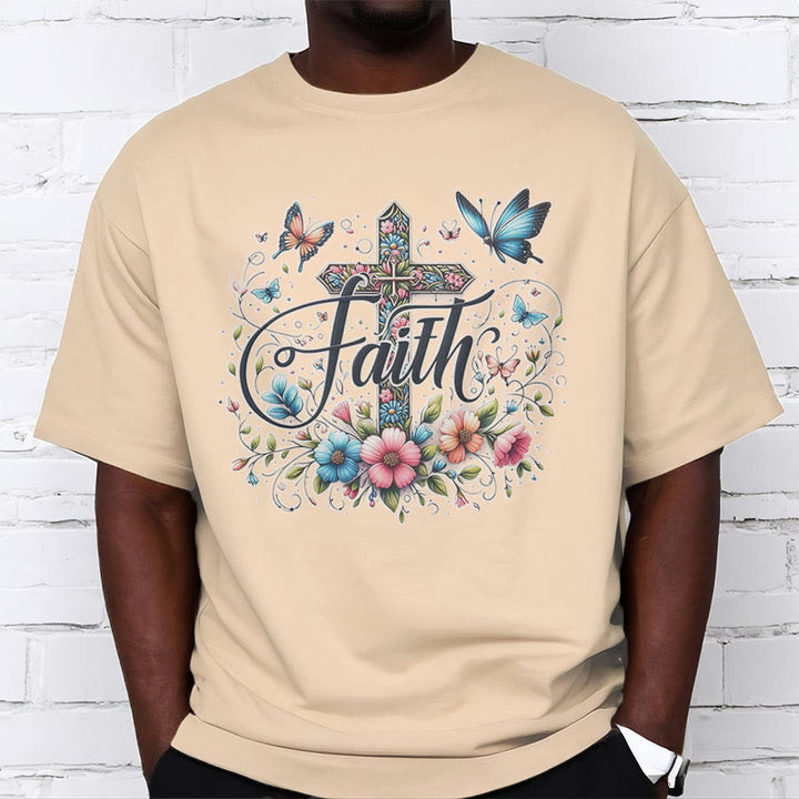 Christianartworkshop Bohemian Style Flowers and Cross Short Sleeve Washed T-shirt - image 11
