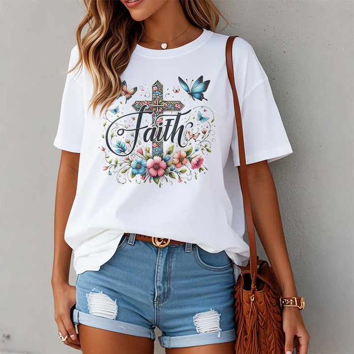 Christianartworkshop Bohemian Style Flowers and Cross Short Sleeve Washed T-shirt - image 4