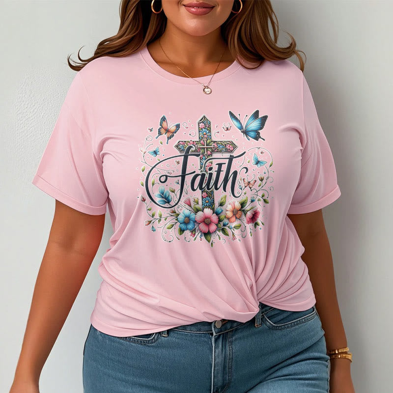 Christianartworkshop Bohemian Style Flowers and Cross Short Sleeve Washed T-shirt - image 2