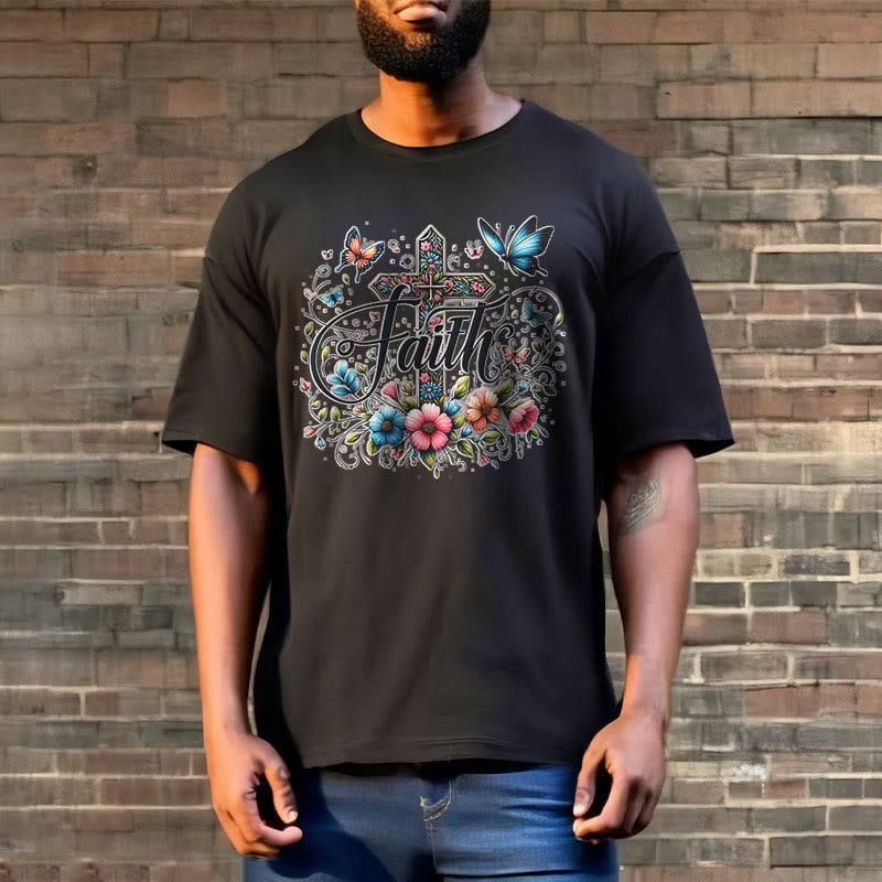 Christianartworkshop Bohemian Style Flowers and Cross Short Sleeve Washed T-shirt - image 7