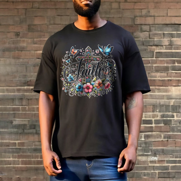 Christianartworkshop Bohemian Style Flowers and Cross Short Sleeve Washed T-shirt - image 7