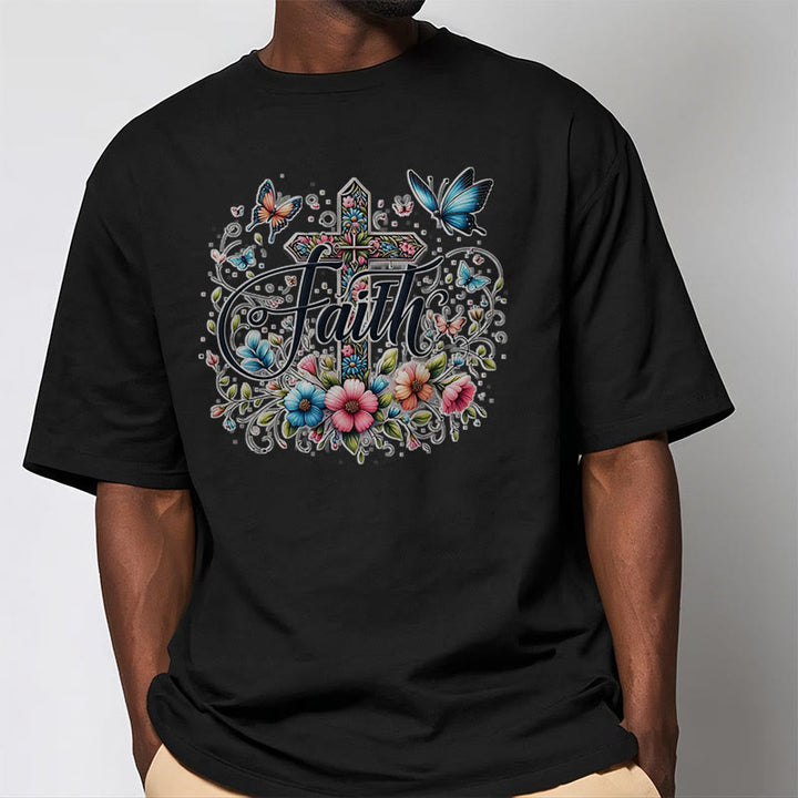 Christianartworkshop Bohemian Style Flowers and Cross Short Sleeve Washed T-shirt - image 9