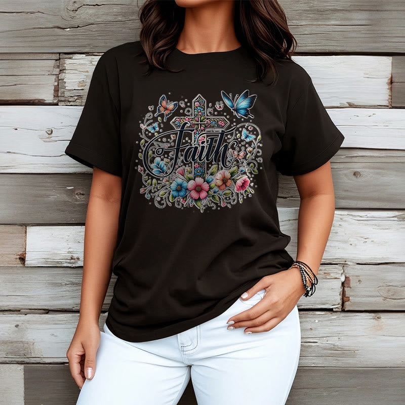 Christianartworkshop Bohemian Style Flowers and Cross Short Sleeve Washed T-shirt - image 8
