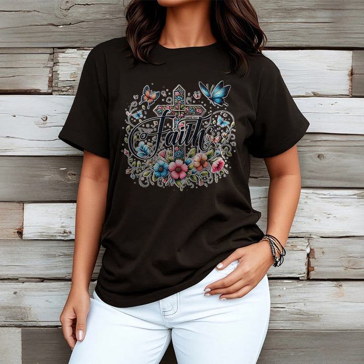 Christianartworkshop Bohemian Style Flowers and Cross Short Sleeve Washed T-shirt - image 8