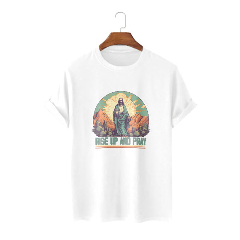 Christianartworkshop Classic Style Rise Up and Pray Short Sleeve Washed T-shirt - White - 2XL - image 1