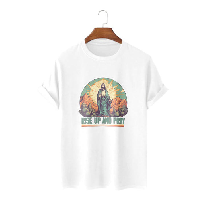 Christianartworkshop Classic Style Rise Up and Pray Short Sleeve Washed T-shirt - White - 2XL - image 1