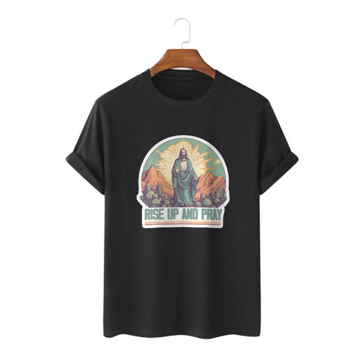 Christianartworkshop Classic Style Rise Up and Pray Short Sleeve Washed T-shirt - Black - 2XL - image 4