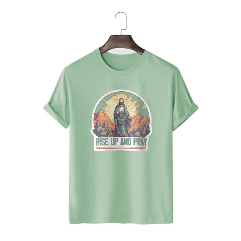 Christianartworkshop Classic Style Rise Up and Pray Short Sleeve Washed T-shirt - Light Green - 2XL - image 12