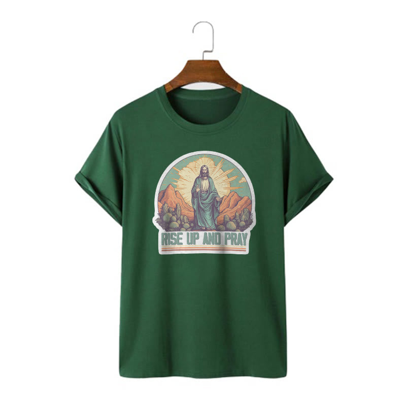 Christianartworkshop Classic Style Rise Up and Pray Short Sleeve Washed T-shirt - Dark Green - 2XL - image 10