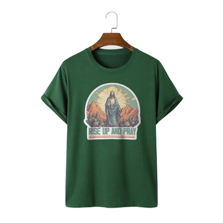 Christianartworkshop Classic Style Rise Up and Pray Short Sleeve Washed T-shirt - Dark Green - 2XL - image 10