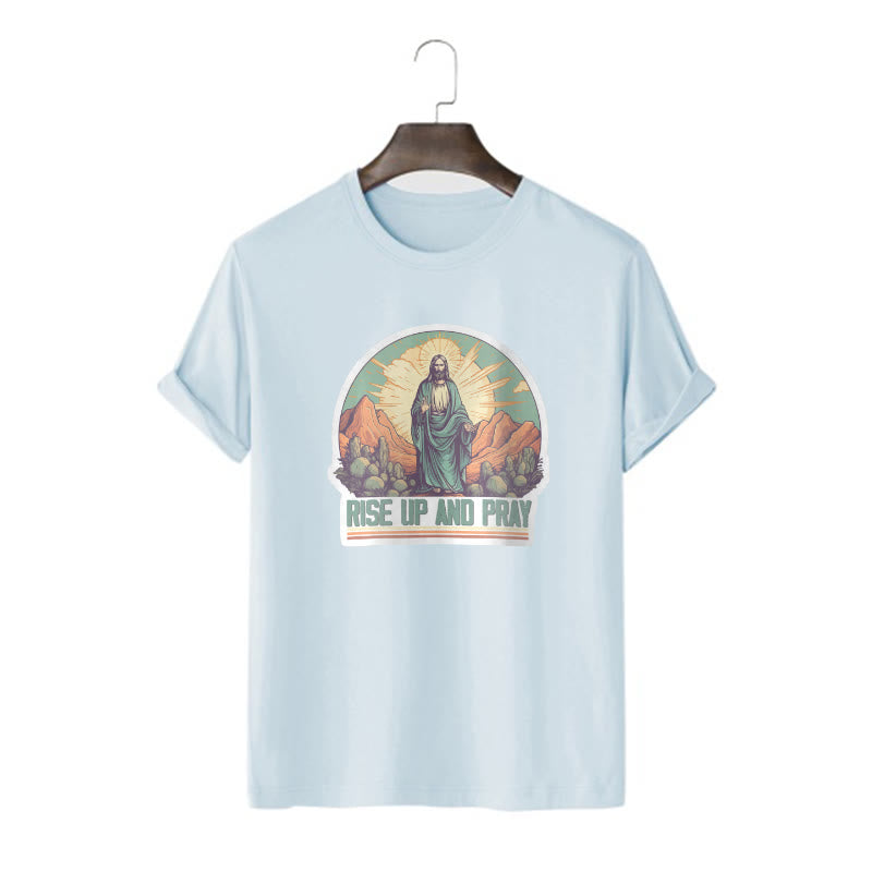 Christianartworkshop Classic Style Rise Up and Pray Short Sleeve Washed T-shirt - Blue - 2XL - image 18