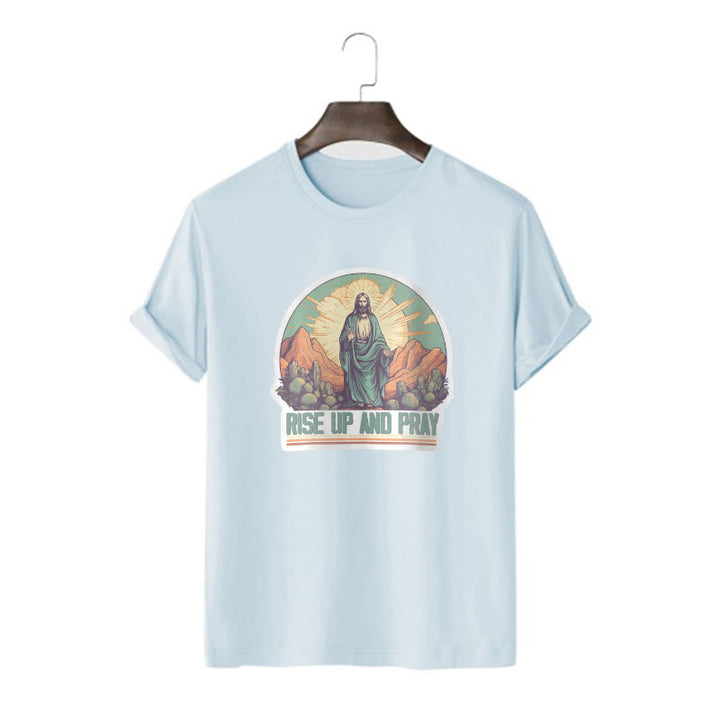 Christianartworkshop Classic Style Rise Up and Pray Short Sleeve Washed T-shirt - Blue - 2XL - image 18