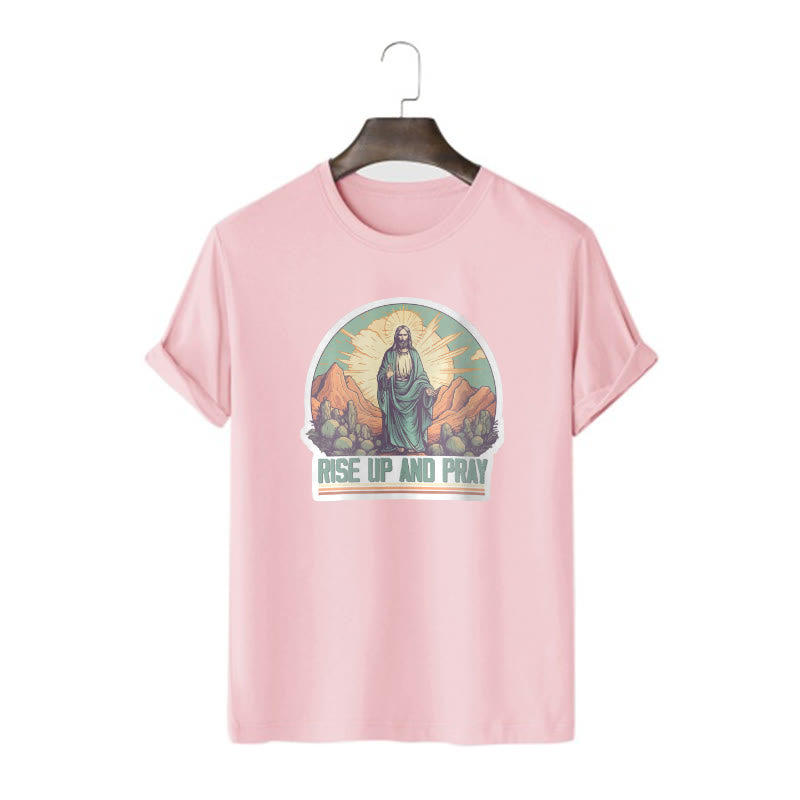 Christianartworkshop Classic Style Rise Up and Pray Short Sleeve Washed T-shirt - Pink - 2XL - image 14