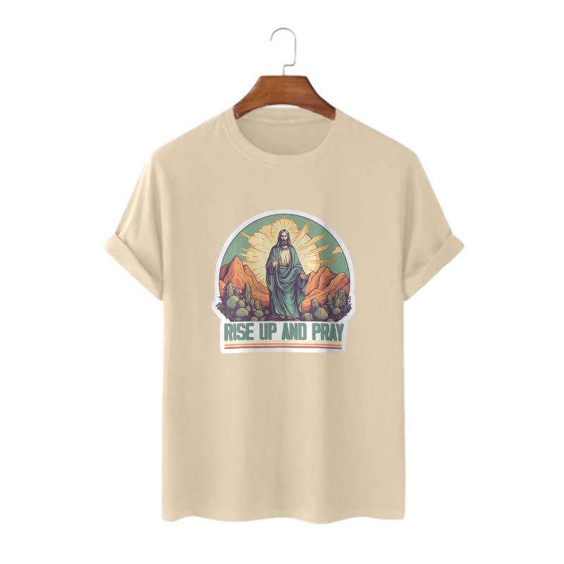 Christianartworkshop Classic Style Rise Up and Pray Short Sleeve Washed T-shirt - Khaki - 2XL - image 8