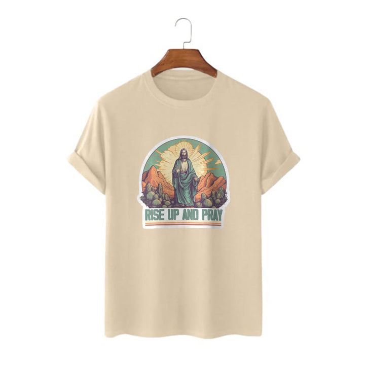 Christianartworkshop Classic Style Rise Up and Pray Short Sleeve Washed T-shirt - Khaki - 2XL - image 8
