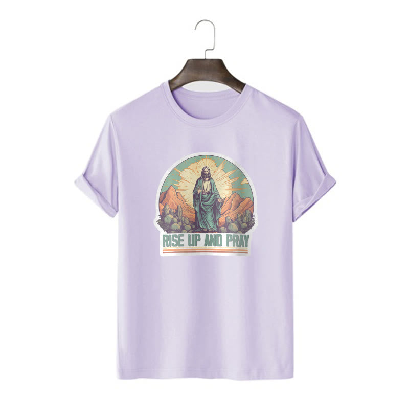 Christianartworkshop Classic Style Rise Up and Pray Short Sleeve Washed T-shirt - Purple - 2XL - image 16