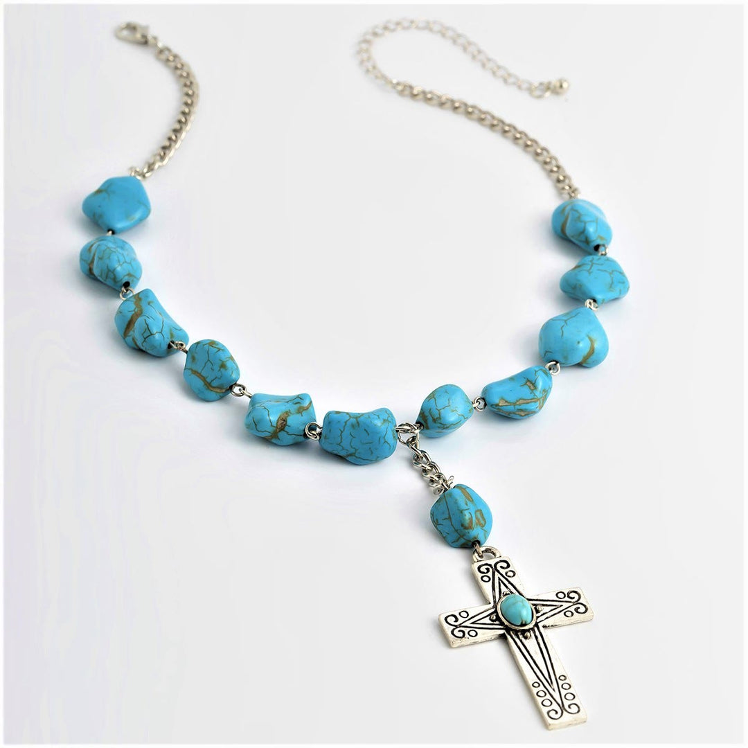 Retro Style Turquoise Natural Stone Cross Pendant Necklace - image 3