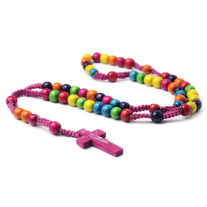 Crucifix of 8 mm Round Multicolor Wood Nylon Cord Rosary - image 3