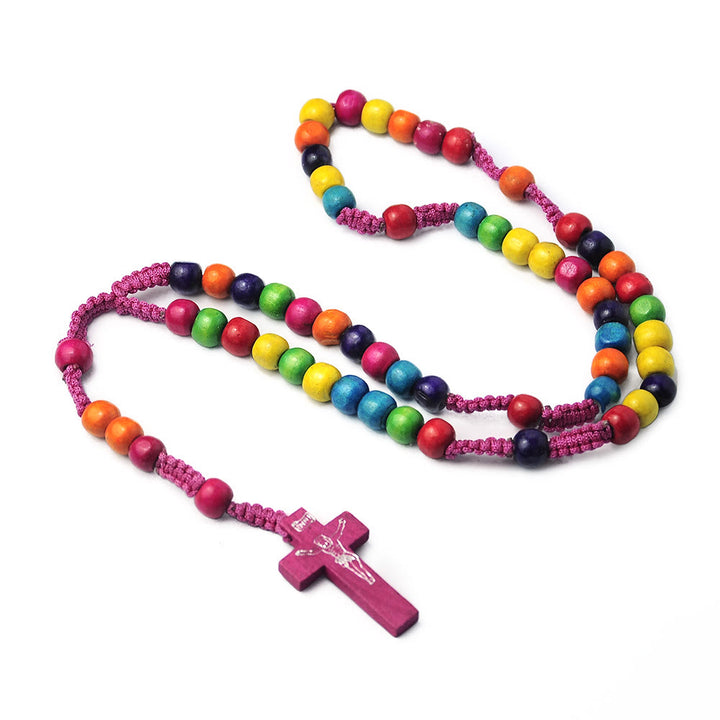 Crucifix of 8 mm Round Multicolor Wood Nylon Cord Rosary - Rainbow Beads - image 1