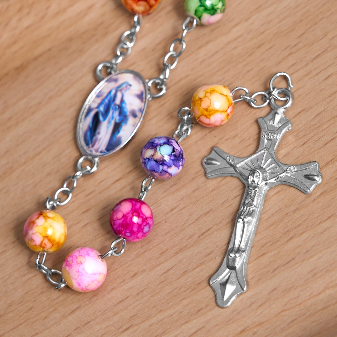 Assumption of Our Lady & Crucifix of 8 mm Round Multicolor Acrylic Alloy Chain Rosary - image 5