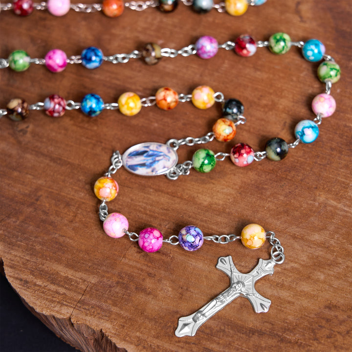 Assumption of Our Lady & Crucifix of 8 mm Round Multicolor Acrylic Alloy Chain Rosary - image 4