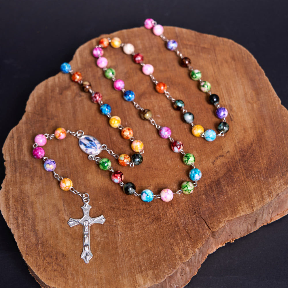 Assumption of Our Lady & Crucifix of 8 mm Round Multicolor Acrylic Alloy Chain Rosary - image 2