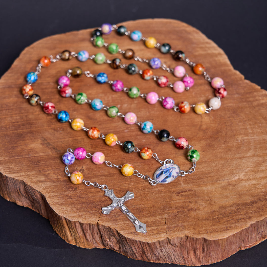 Assumption of Our Lady & Crucifix of 8 mm Round Multicolor Acrylic Alloy Chain Rosary - Our Lady & Crucifix - image 1