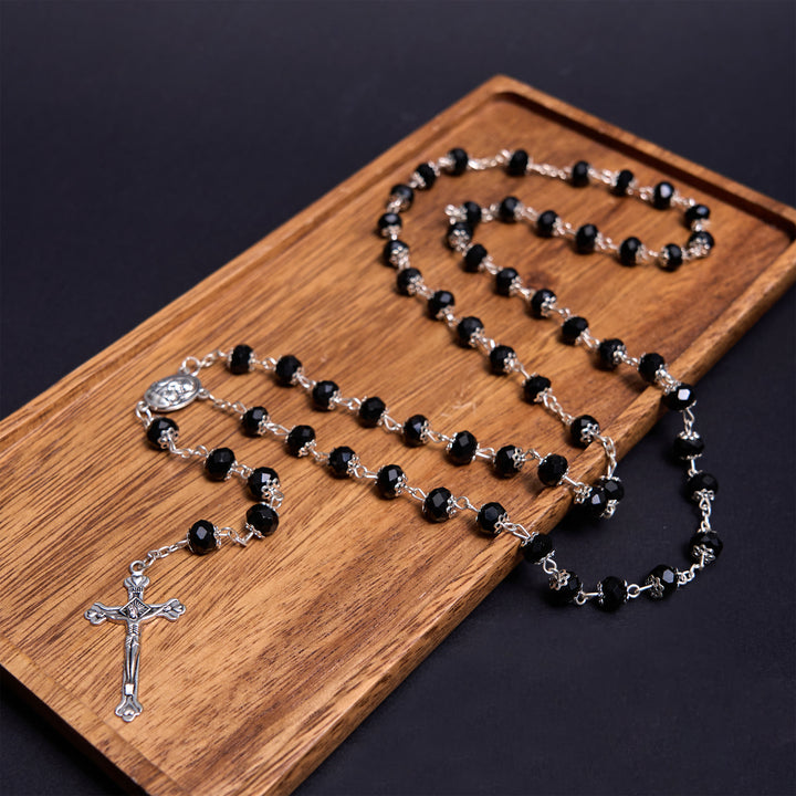 Madonna and Child & Crucifix of 6 mm Polyhedron Multicolor Crystal Alloy Chain Rosary - Black - image 4