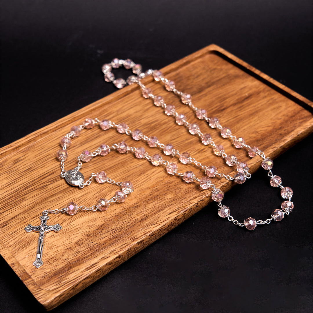 Madonna and Child & Crucifix of 6 mm Polyhedron Multicolor Crystal Alloy Chain Rosary - Pink - image 3