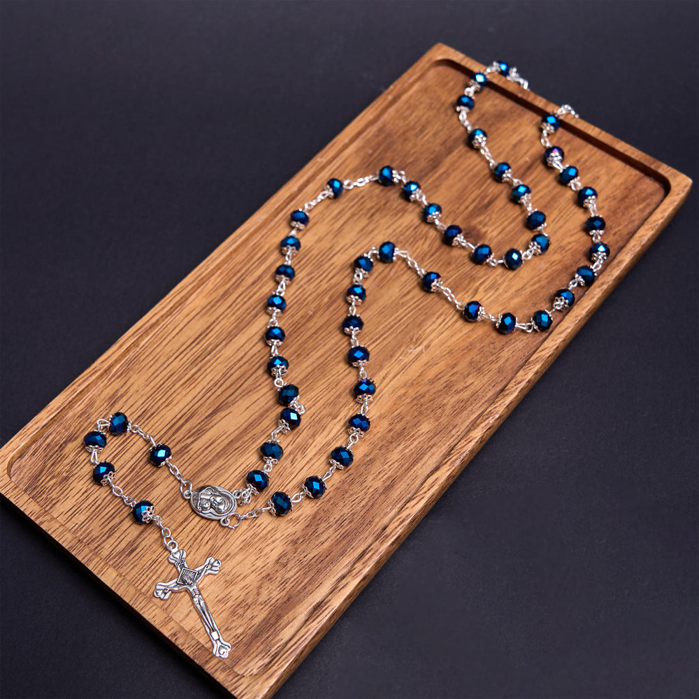 Madonna and Child & Crucifix of 6 mm Polyhedron Multicolor Crystal Alloy Chain Rosary - Blue - image 2