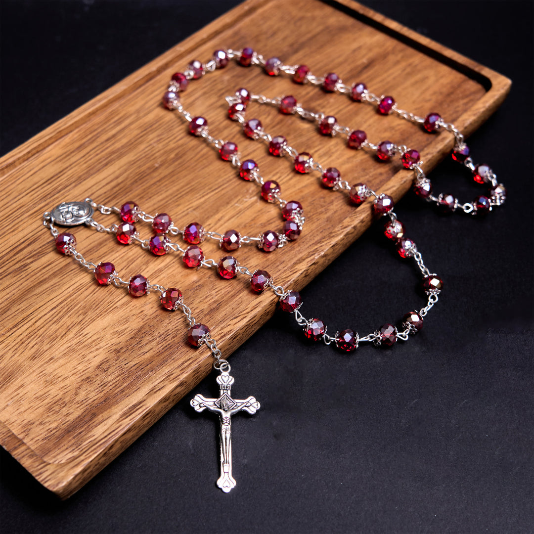 Madonna and Child & Crucifix of 6 mm Polyhedron Multicolor Crystal Alloy Chain Rosary - Red - image 1