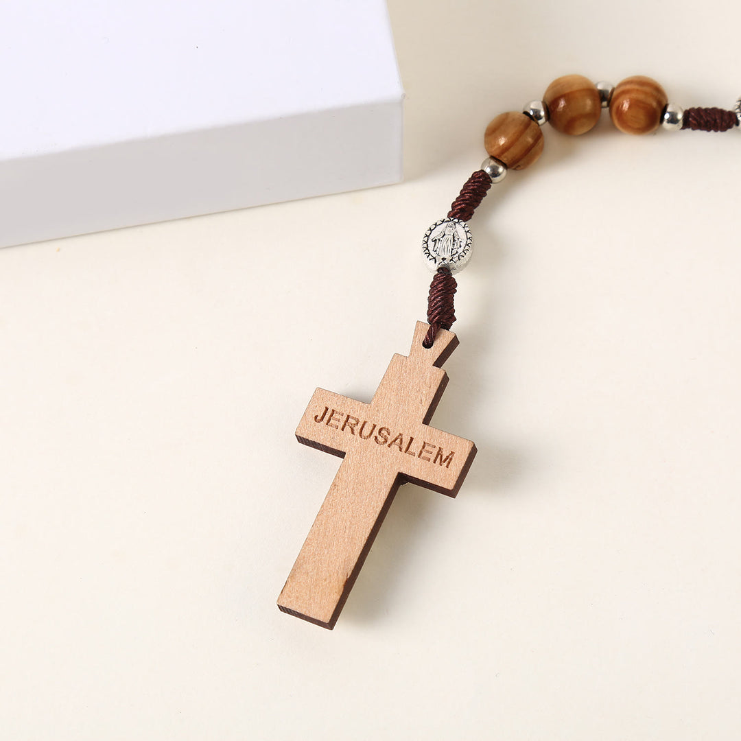 Miraculous Medal & St. Benedict Medal & Crucifix of 10 mm Round Brown Wood Nylon Cord Rosary - image 5