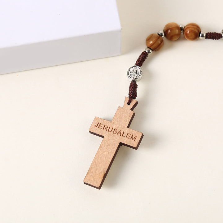 Miraculous Medal & St. Benedict Medal & Crucifix of 10 mm Round Brown Wood Nylon Cord Rosary - image 5