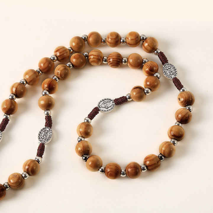 Miraculous Medal & St. Benedict Medal & Crucifix of 10 mm Round Brown Wood Nylon Cord Rosary - image 7