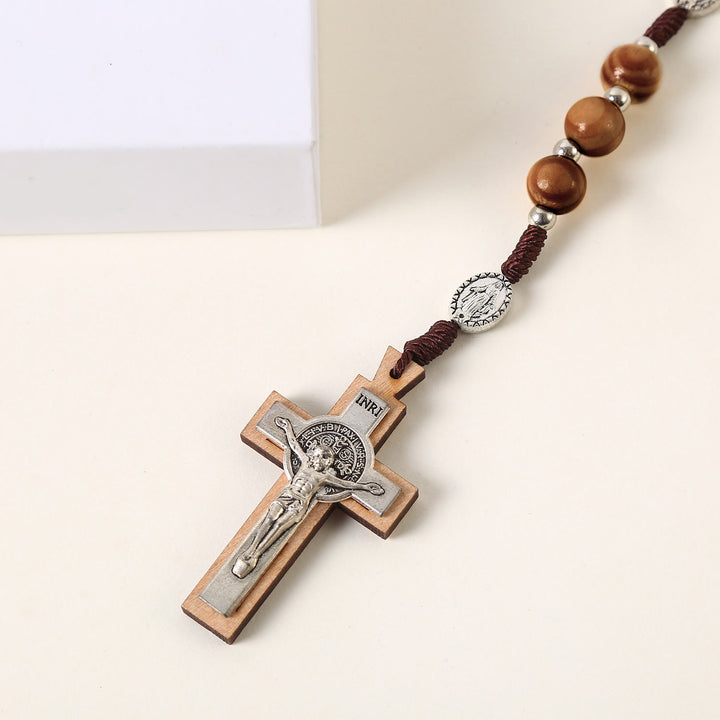 Miraculous Medal & St. Benedict Medal & Crucifix of 10 mm Round Brown Wood Nylon Cord Rosary - image 4