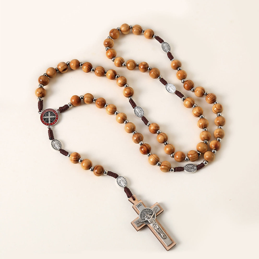 Miraculous Medal & St. Benedict Medal & Crucifix of 10 mm Round Brown Wood Nylon Cord Rosary - Wood Beads - image 1