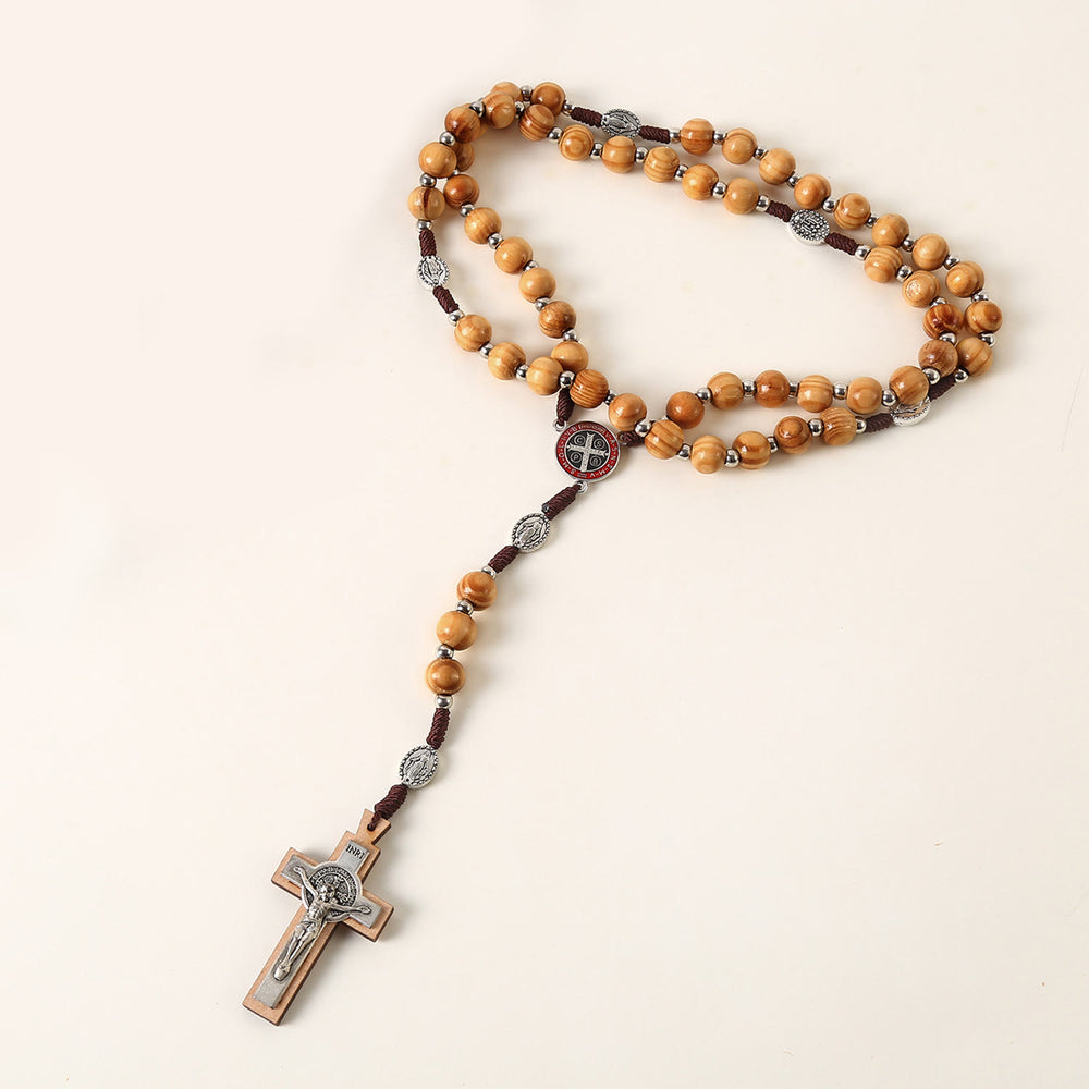 Miraculous Medal & St. Benedict Medal & Crucifix of 10 mm Round Brown Wood Nylon Cord Rosary - image 2