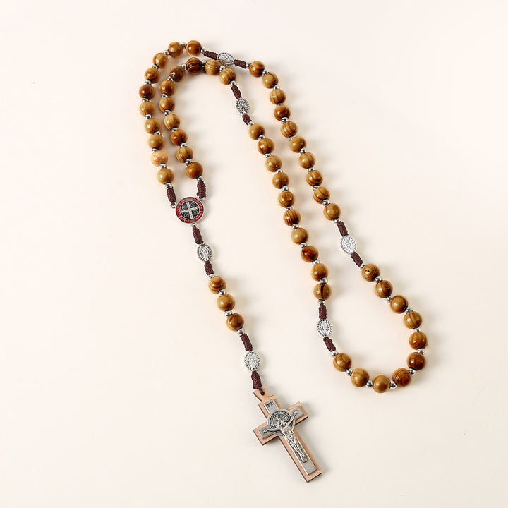 Miraculous Medal & St. Benedict Medal & Crucifix of 10 mm Round Brown Wood Nylon Cord Rosary - image 3