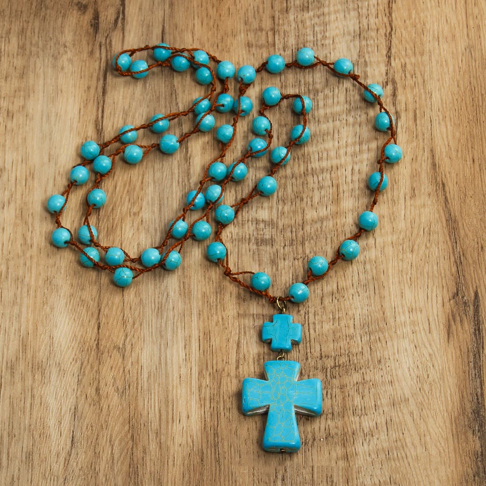 Folk Style Turquoise Braided Cross Pendant Necklace - image 3