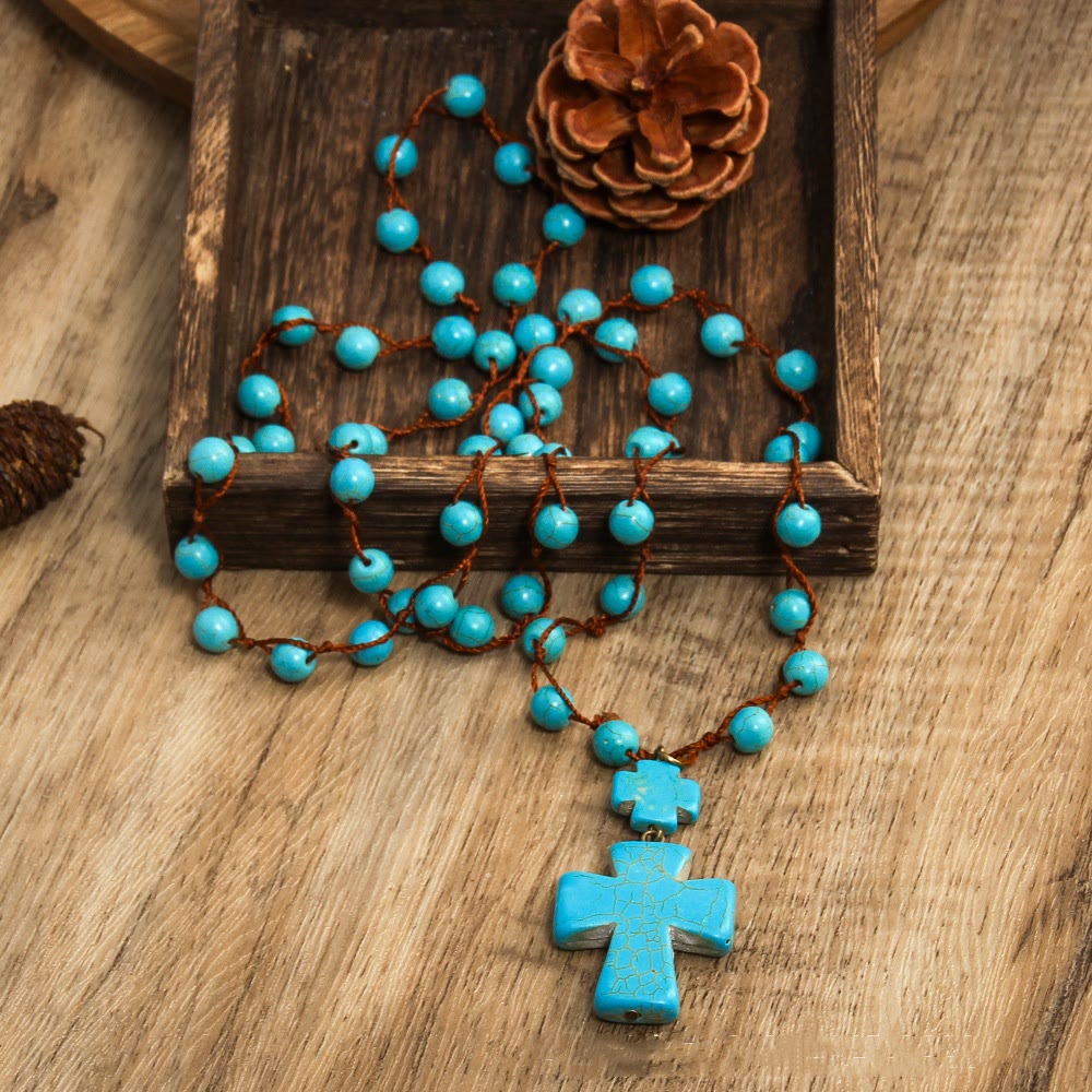 Folk Style Turquoise Braided Cross Pendant Necklace - Blue - image 1