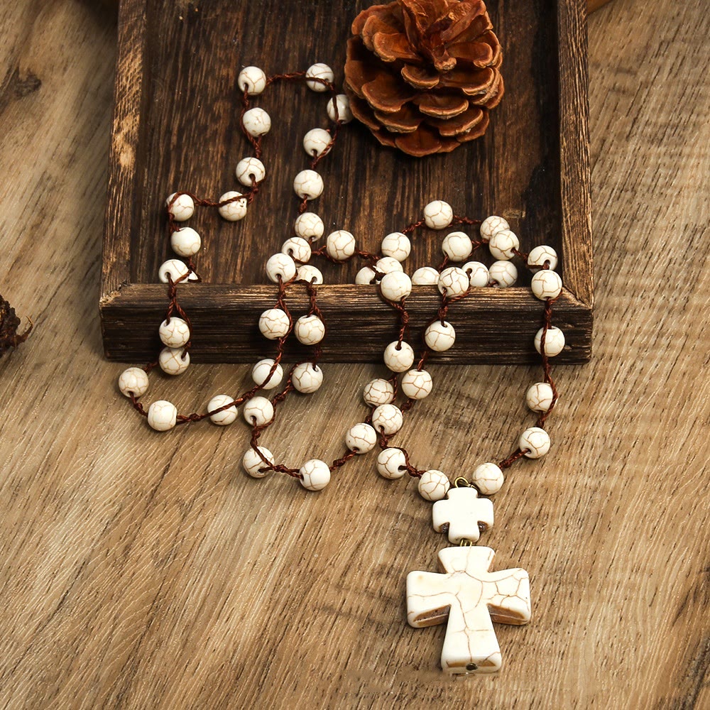 Folk Style Turquoise Braided Cross Pendant Necklace - White - image 2