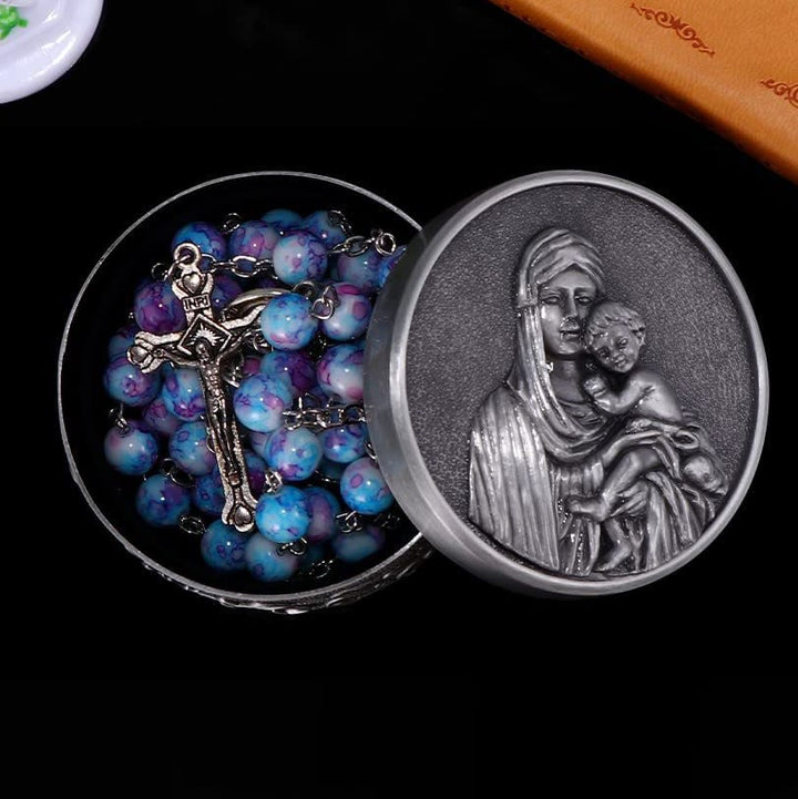 Madonna and Child & Crucifix of 8 mm Round Multicolor Acrylic Alloy Chain Rosary - Blue Purple Tone - image 1