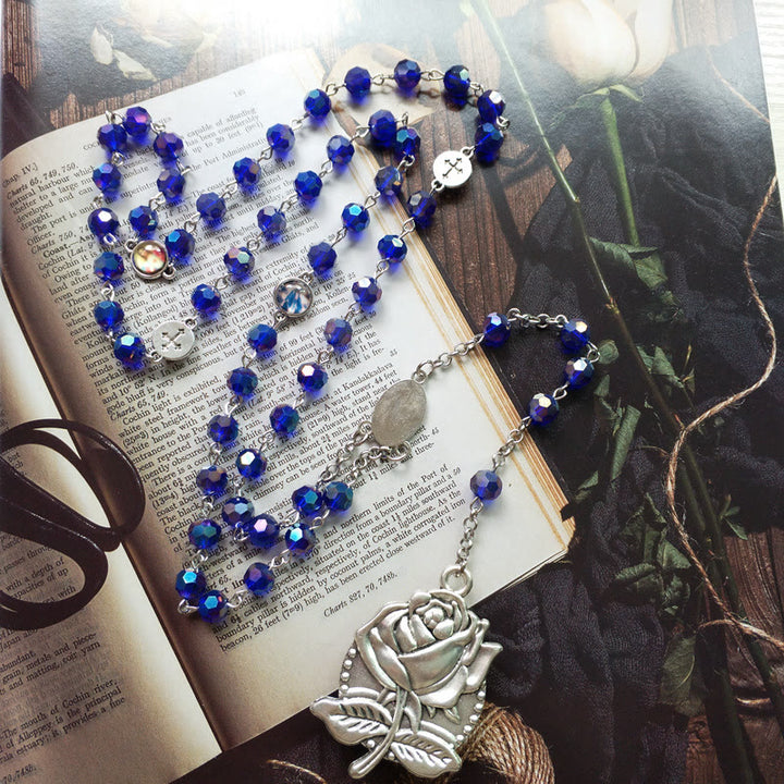 Our Lady of Fátima & Sacred Heart of Jesus of 6 mm Polyhedron Blue Crystal Alloy Chain Rosary - image 3